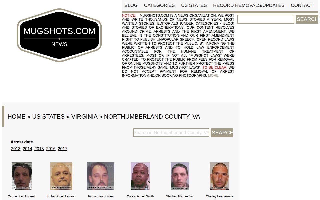 Northumberland County historical mugshot listing search page at Mugshots.com