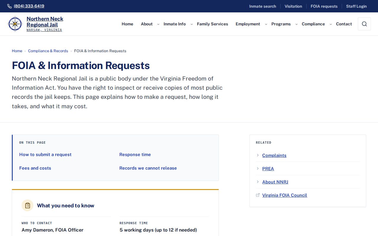Northumberland County booking-record request information from Northern Neck Regional Jail